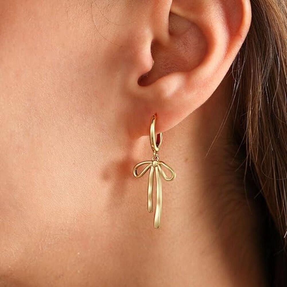 CZ Pearl Drop Gold Bow Earrings For Women Jewelry Huggie Hoop Stud Earrings - Picture 4 of 5